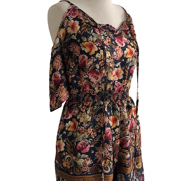 EUC Everly Cold shoulder Silk Fall Floral Foliage Romper - Picture 4 of 10